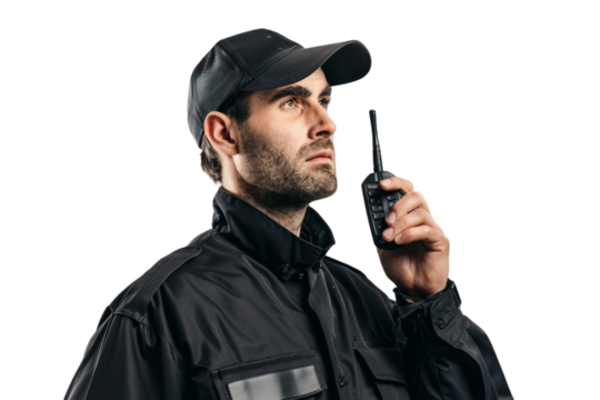 A security guard in a black uniform, holding a walkie-talkie , white background. - Powered by Adobe