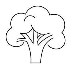 A clear black outline drawing of a broccoli on a white background. It features a stylized, simple design with a top cluster and a single stalk. Ideal for use in healthy food promotions, nutritional