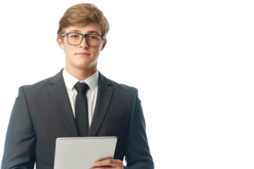 A young businessman from Europe, in a suit, holding a tablet, representing the strength and innovation of European business.