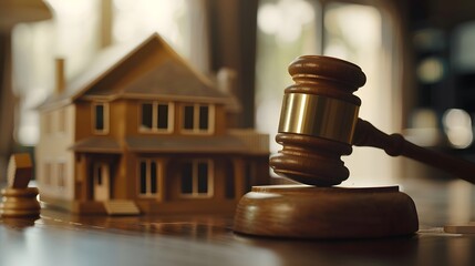 Close-up of a wooden gavel striking a block with a house model nearby