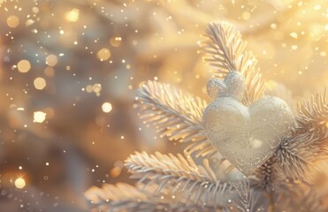 Snowy fir-tree branch with white hearts , spirit of Christmas and New Year, creating a beautiful winter scene.