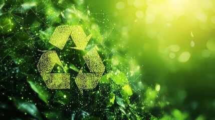 Vibrant green foliage with a glowing recycling symbol amidst nature