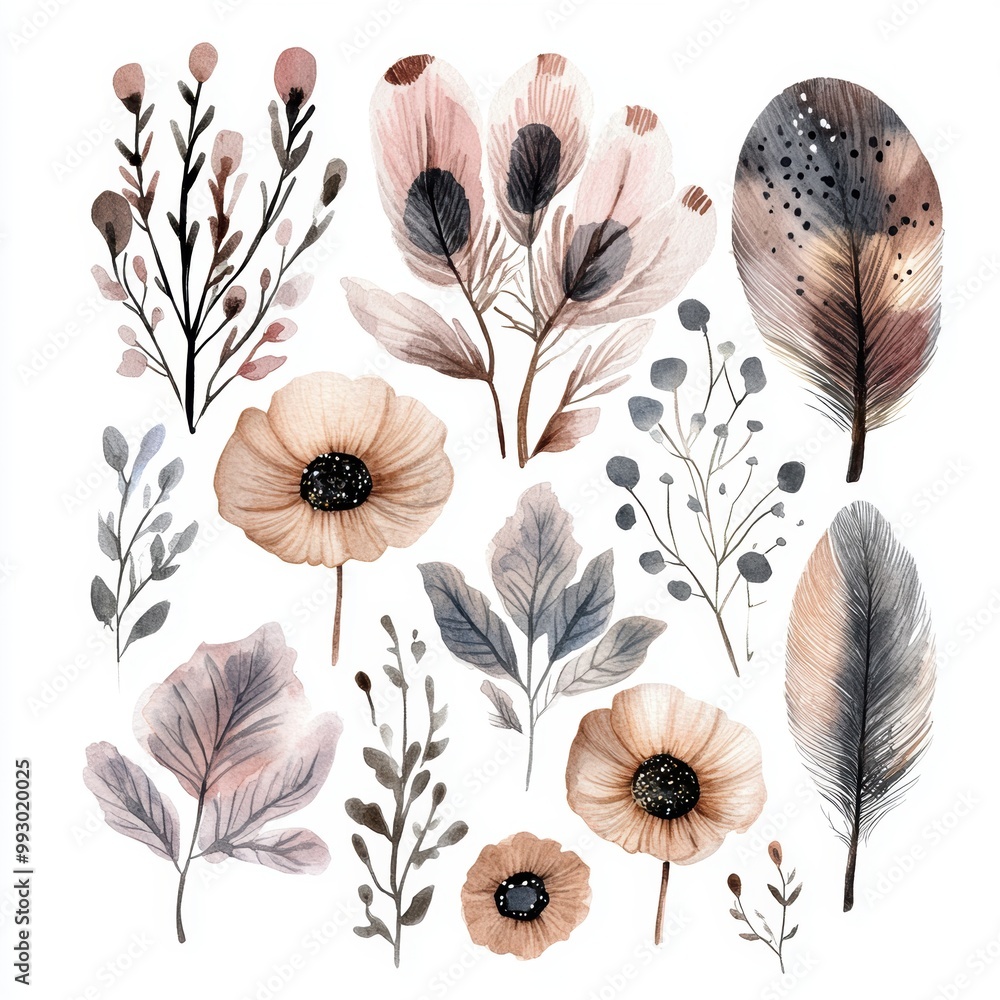 Wall mural watercolor floral set.