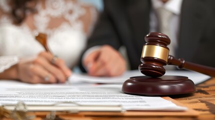 Divorced couple signing property division papers with a gavel nearby