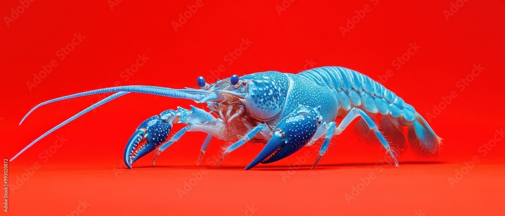 Wall mural electric blue crayfish crawling across a bright red background, representing rare and colorful aquat