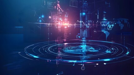 Abstract Futuristic Digital Interface with Glowing Blue and Pink Lines and Circles