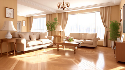 Fototapeta premium A spacious and elegant living room featuring beige walls, hardwood flooring, and ample natural light from large windows.