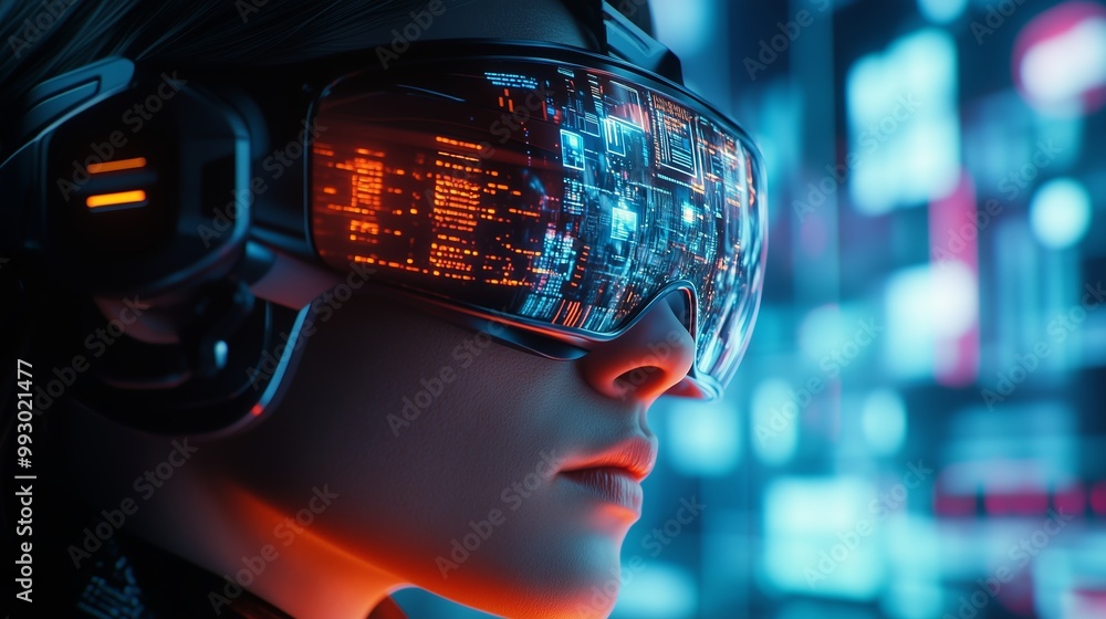 Aufkleber a person wearing futuristic augmented reality glasses engages with a digital interface in an advance
