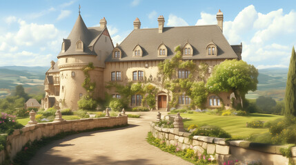 Naklejka premium A fairytale-like castle stands majestically atop a hill, overlooking a picturesque landscape. 