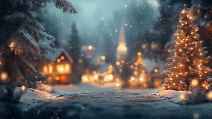 Christmas village background. Christmas tree close up with blurred holiday lights, gifts and forest neighborhood backdrops