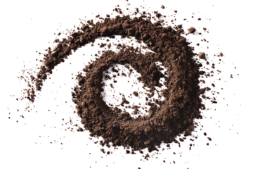 Isolated dirt clump, with scattered soil particles forming a spiral pattern around it, on a white background