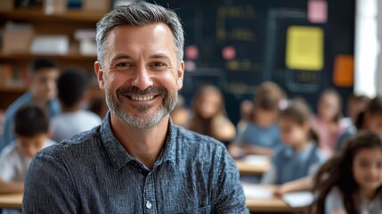 Obraz premium Portrait of smiling male teacher in a class at elementary school looking at camera