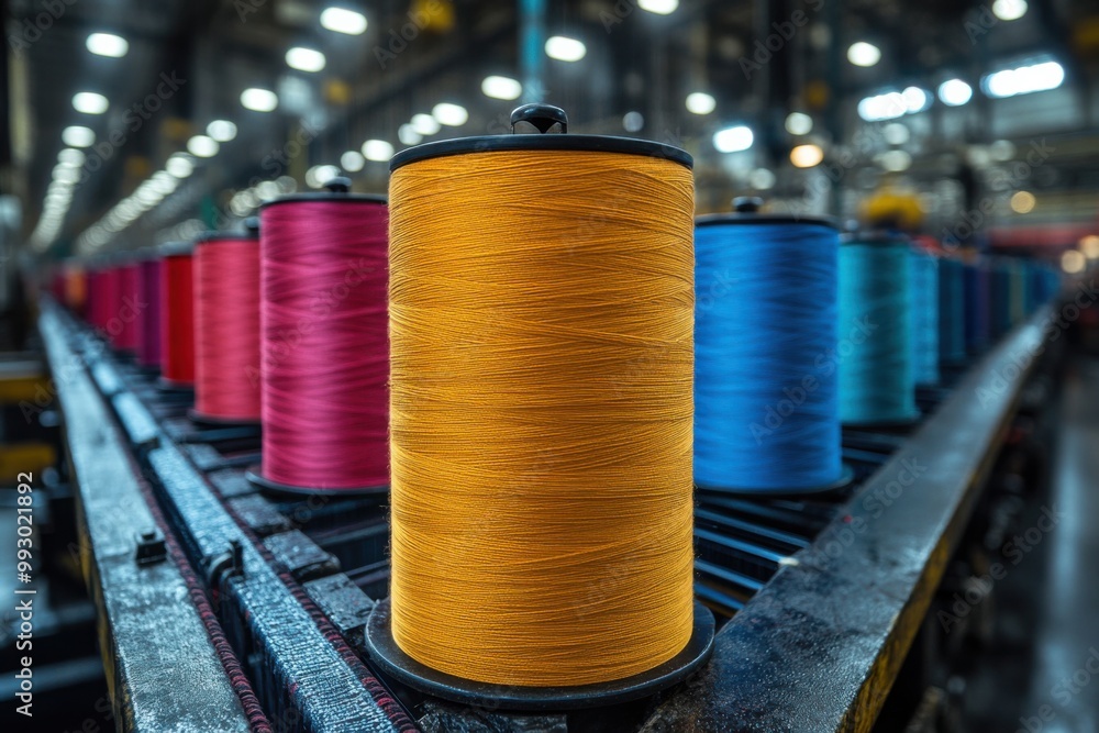 Poster colorful thread spools in a factory setting