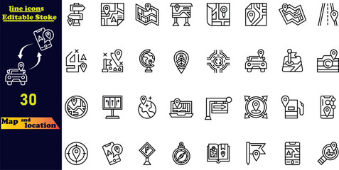 Simple set of vector line icons, including icons such as map with pin, route map, navigator, direction, location, and more. Editable stroke icons.