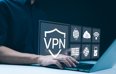 VPN Virtual Private network protocol concept, A person using laptop with interface displaying VPN technology and cybersecurity icons, representing secure internet access and data protection. App VPN,