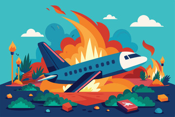 A plane is depicted crashing in a colorful land, surrounded by flames, foliage, and dramatic clouds, Customizable semi-flat illustration of a plane crash.