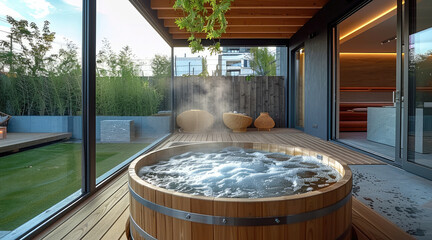 A wooden hot tub with steam in the middle of an open-air living room, modern architecture. Generative AI.