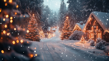 Naklejka premium Christmas village background. Christmas tree close up with blurred holiday lights, gifts and forest neighborhood backdrops