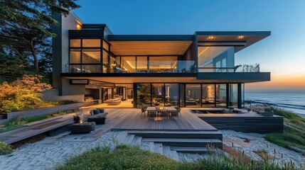 Sleek contemporary home on a sandy beach with an expansive deck and breathtaking ocean views