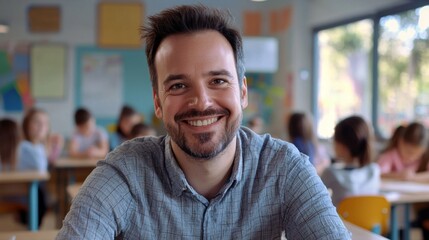 Fototapeta premium Portrait of smiling male teacher in a class at elementary school looking at camera