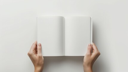 Professional mockup of an A5 open book held by hands, showcasing a blank page spread for mock designs or text placement, set against a clear and neutral white background.