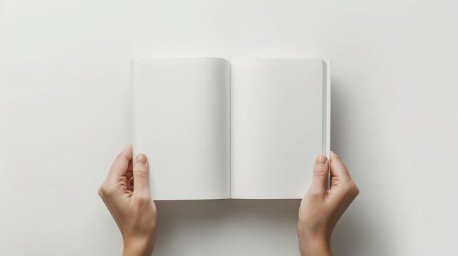 Professional mockup of an A5 open book held by hands, showcasing a blank page spread for mock designs or text placement, set against a clear and neutral white background.