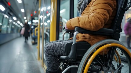 Obraz premium A person with a disability using an accessible public transportation service, highlighting ease of use