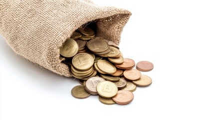 Burlap Sack with Coins Representing Wealth and Savings