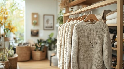 A fashion boutique showcasing a rack of eco-friendly clothes made from organic cotton and sustainable materials, with clean lines and natural light highlighting the eco-conscious fabrics.