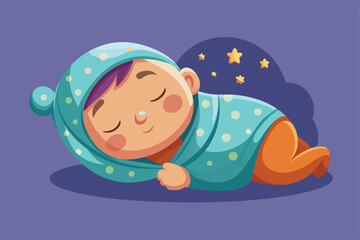A young child peacefully sleeps wrapped in a polka-dotted blanket under a night sky filled with stars, Customizable semi-flat illustration of a sleeping baby