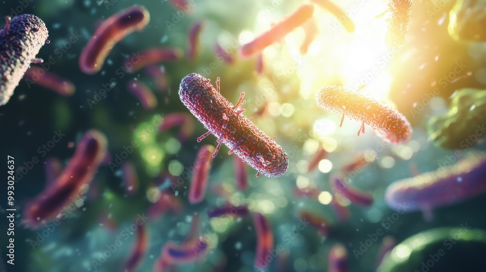 Poster 3d visualization of bacteria multiplying under microscope