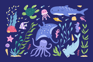 Underwater sea animals, algae set. Cute marine fauna, under water undersea nature. Happy fish, octopus, turtle. Adorable ocean characters, seaweed plants. Isolated childish flat vector illustrations © Good Studio
