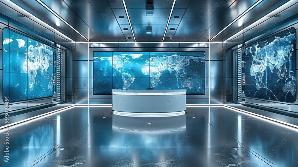 Aufkleber a virtual studio set for news, with a large led panel display showing a global map and news graphics