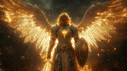 male celestial warrior angel stands amidst a fiery conflagration with golden wings spread wide
