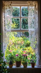 Fototapeta premium Peaceful Cottage Window with Lace Curtain and Flowers