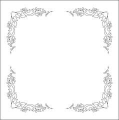 Elegant black and white vegetal ornamental frame with violet flowers, decorative border, corners for greeting cards, banners, business cards, invitations, menus. Isolated vector illustration.	