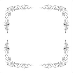 Elegant black and white vegetal ornamental frame with violet flowers, decorative border, corners for greeting cards, banners, business cards, invitations, menus. Isolated vector illustration.	