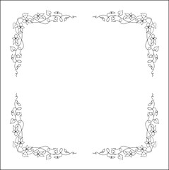 Elegant black and white vegetal ornamental frame with violet flowers, decorative border, corners for greeting cards, banners, business cards, invitations, menus. Isolated vector illustration.	