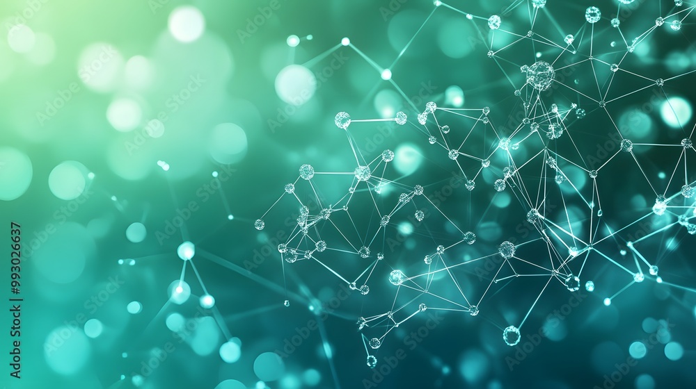 Poster abstract network of interconnected spheres on a teal background with bokeh