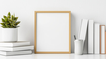 Modern Minimalist Mockup: Blank Frame with Books and Plant