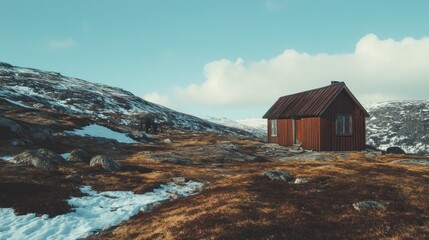 A solitary wooden cabin in a snowy landscape with rocky terrain and distant hills.