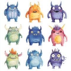 Fototapeta premium Cute Monster Watercolor Set.