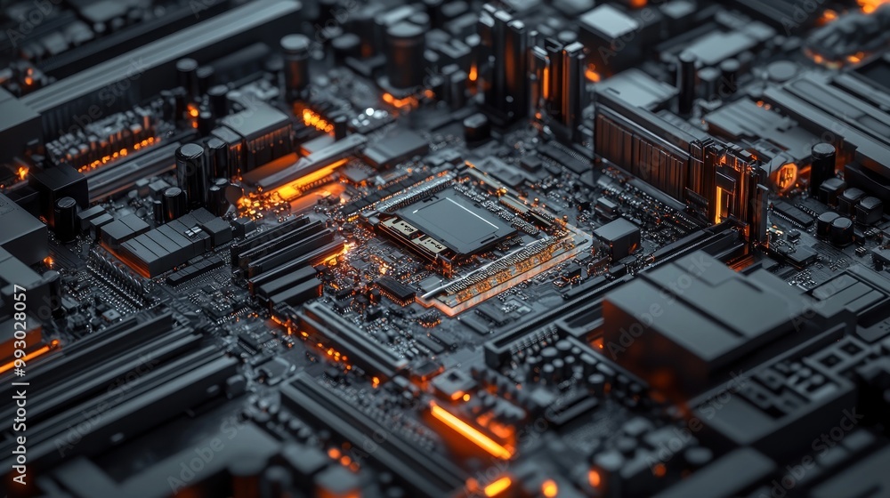 Poster a close-up view of a complex circuit board with glowing elements, showcasing technology.