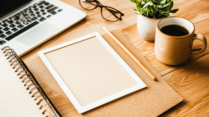 Cozy Workspace Mockup: A stylish flat lay showcasing a blank picture frame, laptop, coffee, notepad, and glasses on a rustic wooden desk, perfect for showcasing your designs or brand.