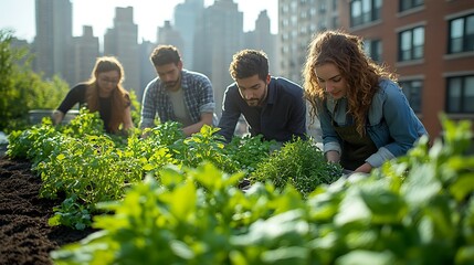 A group of people planting herbs and vegetables on a sunny rooftop garden, framed by towering city buildings, blending nature with the urban environment, promoting eco-friendly practices.