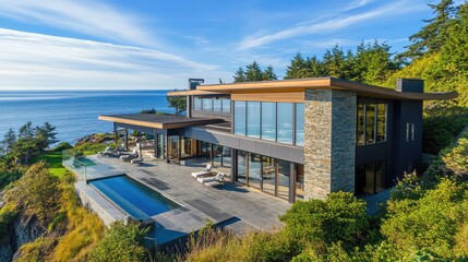 Fototapeta premium Spacious coastal home with modern amenities and breathtaking views of the open ocean