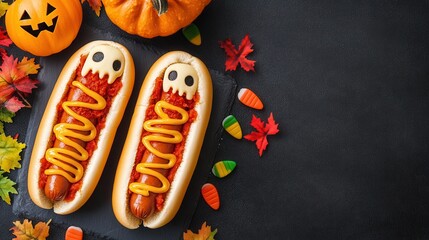 Halloween themed hot dogs with spooky decorations and leaves.