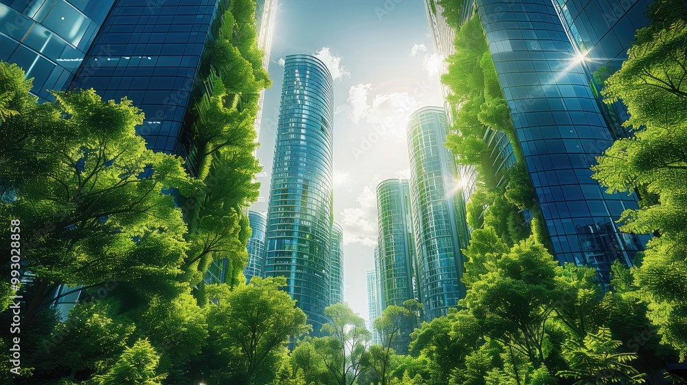 Wall mural futuristic green city, green transformation city, blue high skyscraper buildings, trees. generative 