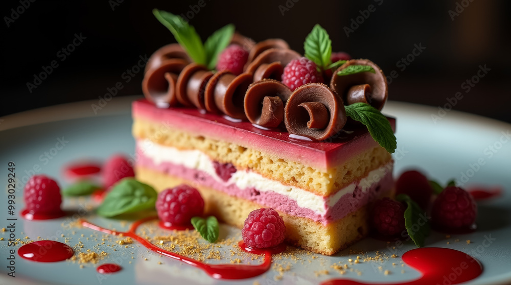 Poster this dessert features multiple layers of flavors, including raspberry and cream, adorned with chocol