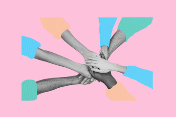 Composite trend artwork sketch image collage of multiple hands join together teamwork unity...